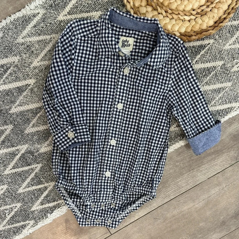 Oshkosh B’Gosh Baby Boy Navy White Gingham Checkered Button-Front Bodysuit